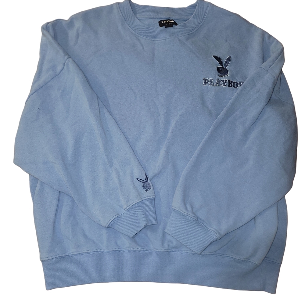 Playboy Men's Blue Crew Neck Sweatshirt with Logo On Chest and Cuff S